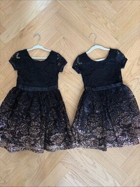 Us Angels Black Lace Bodice with Metallic Bronze Skirt Girls Dresses (Twins)